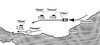 Схема атак лодок "Морж" и "Тюлень" крейсера "Гебен" в районе Босфора 6-16.08.1915